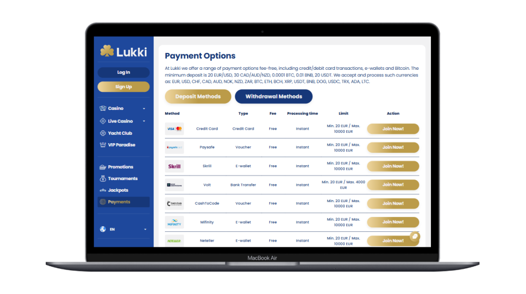 Withdrawal Methods at Lukki Casino